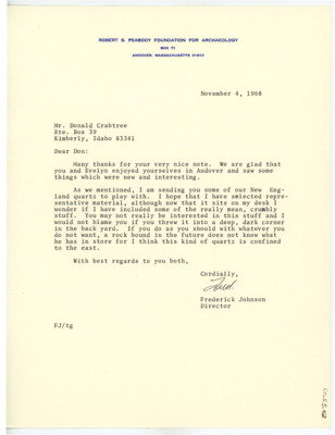 Letter from Frederick Johnson to Don Crabtree