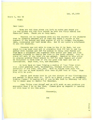 Letter from Don Crabtree to Lucille "Lucy" G. Lewis thanking her for her slides and field school report.