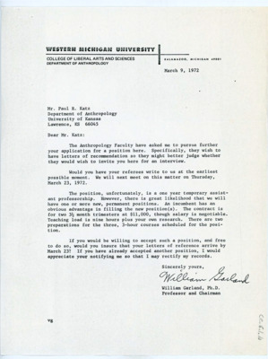 Letter from William Garland to Paul Katz