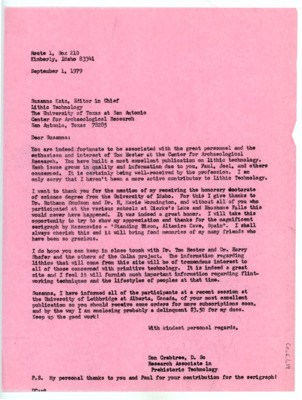 Letter from Donald Crabtree to Susanna Katz
