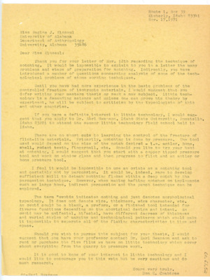 Letter from Donald Crabtree to Regina Kinsaul