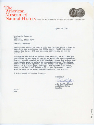 Letter from Avis Kniffin to Donald Crabtree
