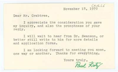 Letter from Paul Katz to Donald Crabtree