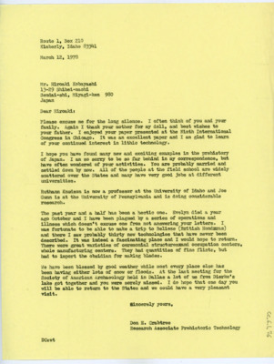 Letter from Donald Crabtree to Hiroaki Kobayashi