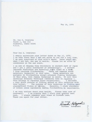 Letter from Hiroaki Kobayashi to Donald Crabtree