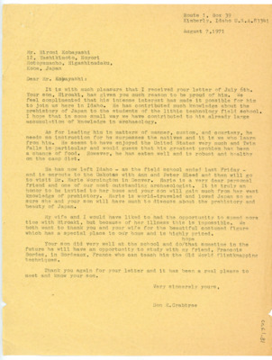 Letter from Donald Crabtree to Hiromi Kobayashi