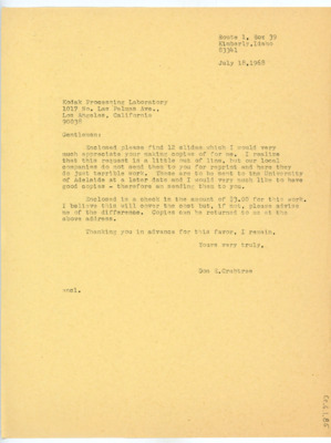 Letter from Donald Crabtree to Kodak Processing Laboratory