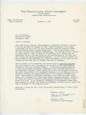Typewritten letter from Charles Kolb where he wrote to Crabtree to compliment him on one of his films and his papers, then asked some questions. He also inquired if he could purchase any finished products for the Anthropology Museum at the Pennsylvania State University.