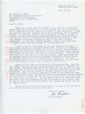 Letter from Donald Crabtree to Charles Kolb