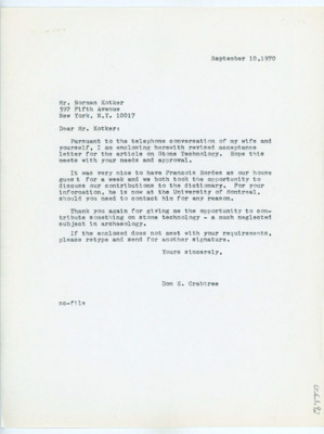 Letter from Donald Crabtree to Norman Kotker