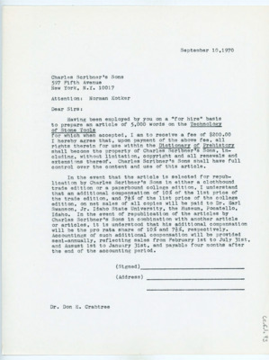 Acceptance letter from Donald Crabtree to Charles Scribner's Sons