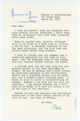 Typewritten letter from Paul Katz to Donald Crabtree to ask Crabtree for another letter of recommendation for a job opening and to ask if he would be attending a symposium in Miami.