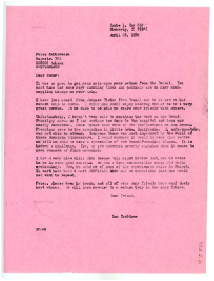 Letter from Donald Crabtree to Peter Kelterborn
