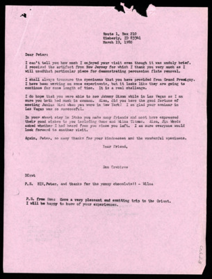 Letter from Donald Crabtree to Peter Kelterborn