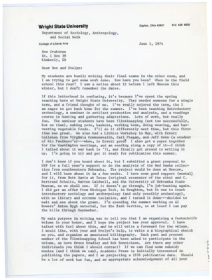 Typewritten letter from Ruthann Knudson to Donald Crabtree to ask Crabtree if she could put together a festschrift volume in his honor. She also updated him on her work and research.