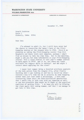 Typewritten letter from Ruthann Knudson where she apologized to Crabtree for not having transcribed the tapes of the films she was supposed to. She also inquired about the upcoming summer session and updated him on her work.