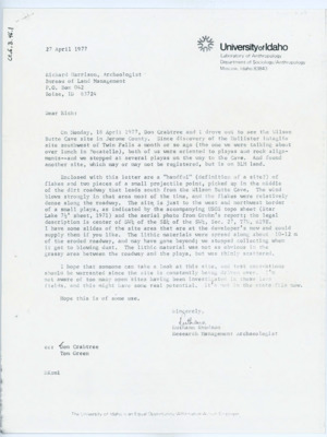 A series of correspondence between Ruth Ann Knudson, Donald "Don" E. Crabtree, and Richard Harrison
