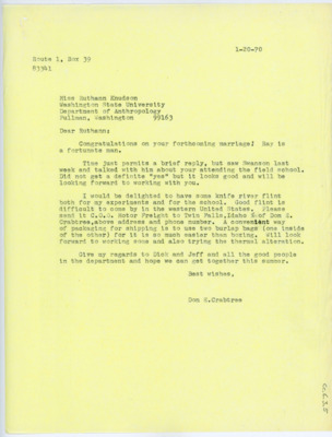Letter from Donald Crabtree to Ruthann Knudson