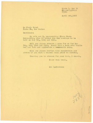 Letter from Donald Crabtree to the La Fonda Hotel