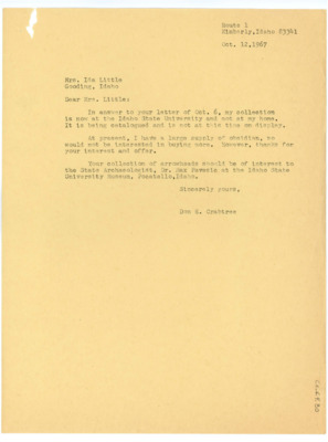 Letter from Donald Crabtree to Ida Little