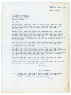 Letter from Donald Crabtree to William Longacre