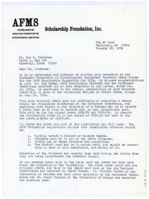 Typewritten letter from Glenn Lee informing Crabtree of his win of the AFMS Scholarship Foundation award. He asked Crabtree to select a school and student for the scholarship to be awarded to.