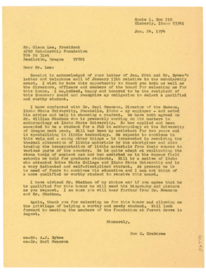 Letter from Donald Crabtree to Glenn Lee