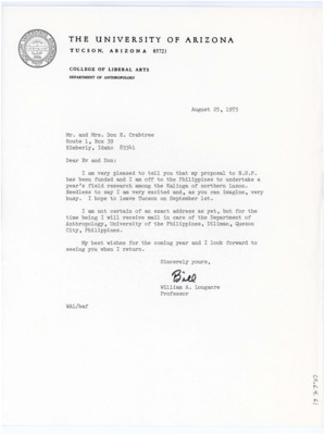 Letter from William Longacre to Donald Crabtree