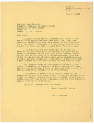 Letter from Donald Crabtree to Jose Lorenzo