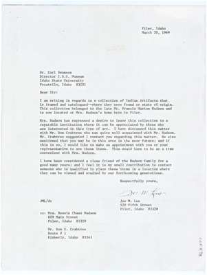 Typewritten letter from Joe Lux to Earl Swanson, forwarded to Donald Crabtree. He wrote to inquire about donating a collection to Idaho State University of Native American artifacts left to Bessie Hudson.