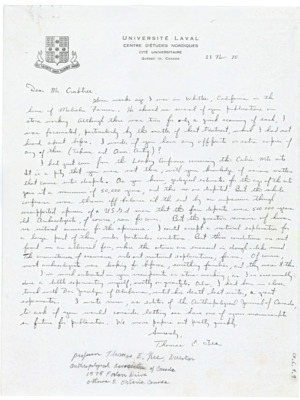 Handwritten letter from Thomas Lee to Donald Crabtree to ask for copies of some of Crabtree's publications and to inform him of the Calico Hills site.