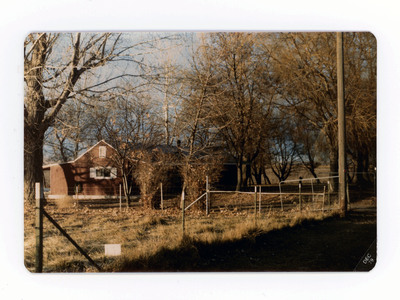 The front of a postcard decorated with a picture of a fenced house concealed by trees and tall grass.
