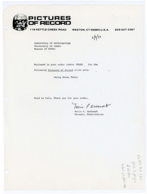 An order receipt for a set of slides entitled "Using Stone Tools"