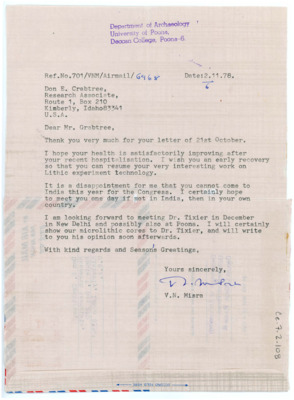 Letter from V.N. Misra to Don Crabtree
