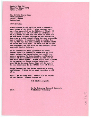 Letter from Don Crabtree to Hattula Moholy-Nagy