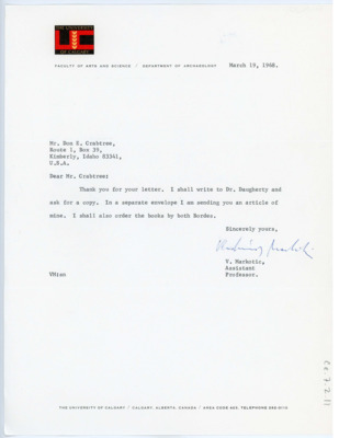 Letter from Vladimir Markotic to Donald "Don" E. Crabtree