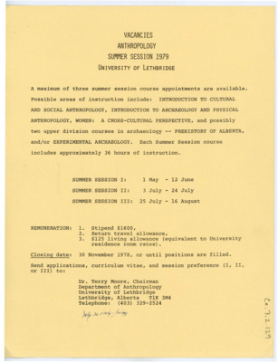 A list of available summer course appointments from the University of Lethbridge for Summer 1979. It includes the date ranges, remuneration information, and application rules for each summer session.