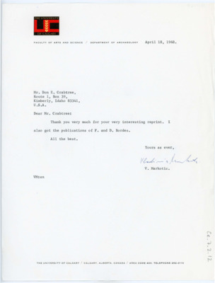 Letter from V. Markotic to Don Crabtree