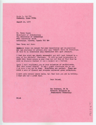 Letter from Don Crabtree to Terry Moore and Jean