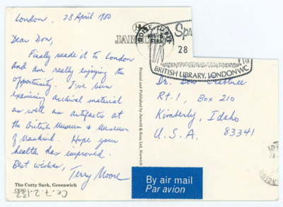 Postcard from Terry Moore to Don Crabtree