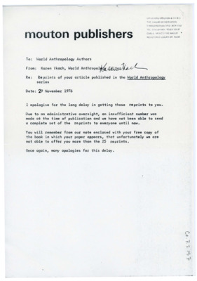 Letter from Karen Tkach to World Anthropology Authors