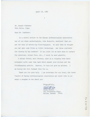 Letter from Cleta Mulder to Don Crabtree