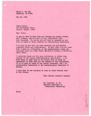 Letter from Don Crabtree to Cleta Mulder