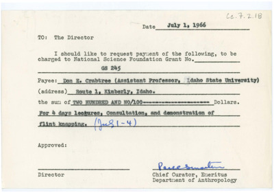 A request for payment for Donald Crabtree's NSF grant