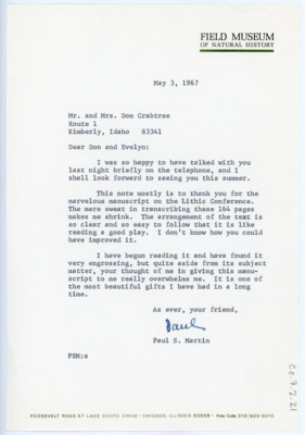 Letter from Paul S. Martin to Don and Evelyn Crabtree