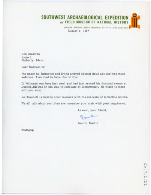 Letter from Paul S. Martin to Don and Evelyn Crabtree