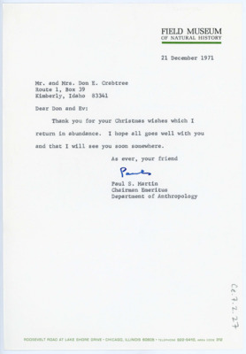 Letter from Paul S. Martin to Don and Evelyn Crabtree