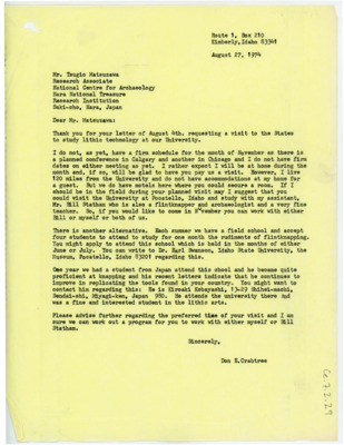 Letter from Don Crabtree to Tsugio Matsuzawa