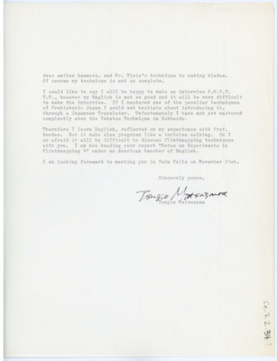 Letter from Tsugio Matsuzawa to Don Crabtree