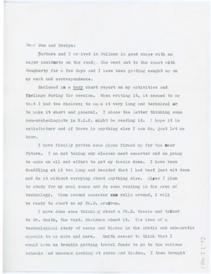 Letter from Jeffrey Mauger to Don and Evelyn Crabtree regarding his recent work in Pullman. He asks if he may visit them in September with his wife. Attached is an overview of his recent work with Don Crabtree. Envelope included.